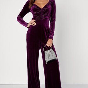 Lulus Energetic Disposition Purple Velvet Ruched Wide-leg Jumpsuit - Size L